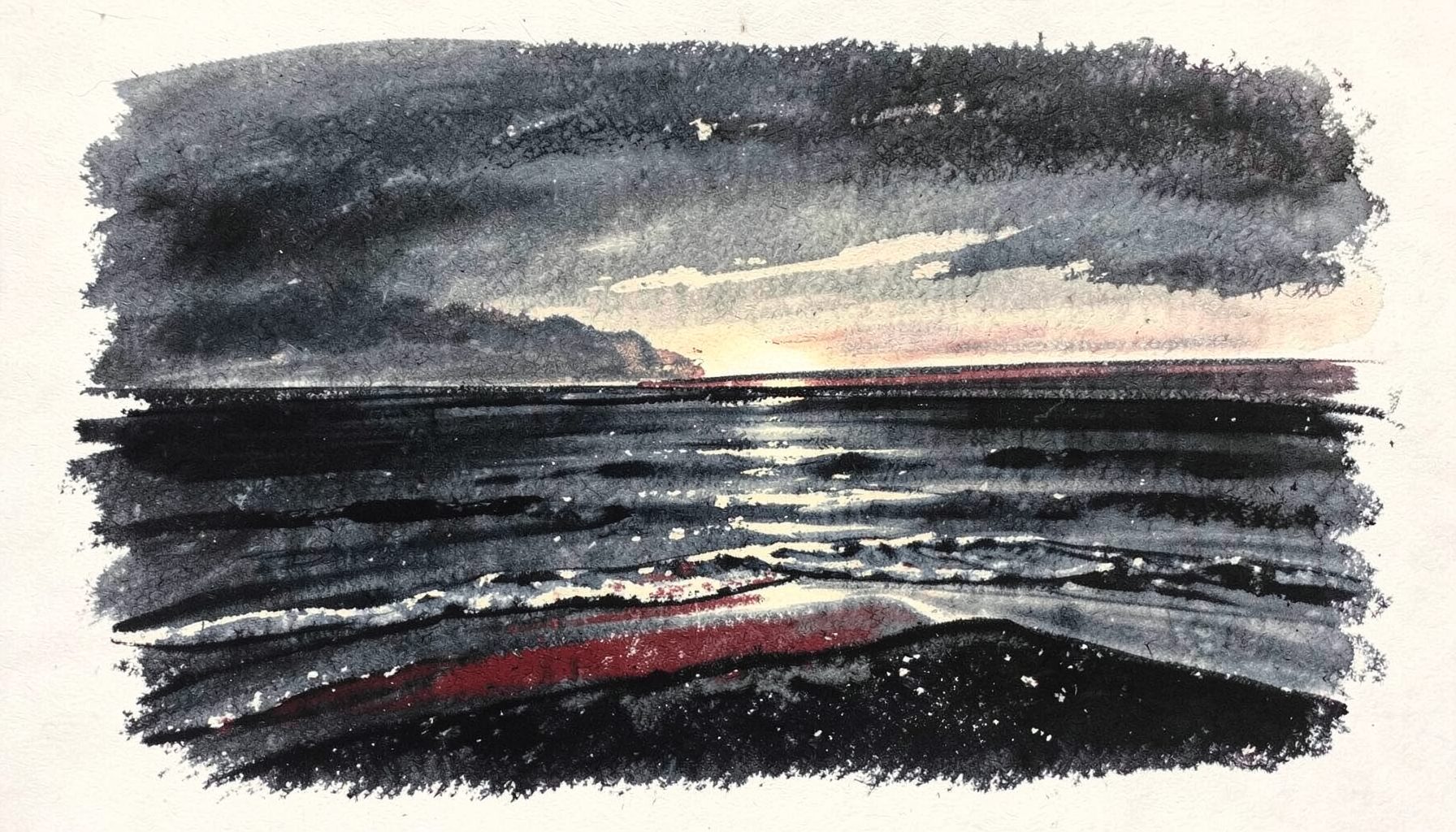 A bold charcoal-style drawing of a quiet shoreline at dusk, with deep slate grays and soft cream highlights, conveying stillness and reflection